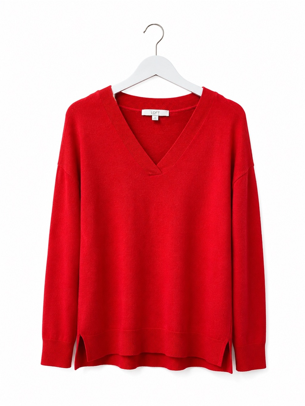 LOFT Red V-Neck Oversized Lightweight Sweater Side Slit Knit Small